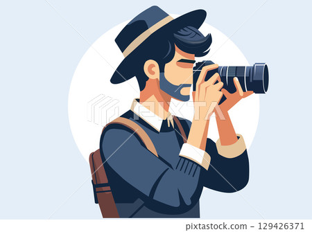 Illustration of a man wearing a wide-brimmed hat and backpack taking photos with a DSLR camera. 129426371