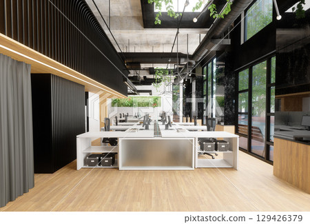 Modern open plan office interior with white desks and natural wood flooring. Contemporary workspace design for productivity. Modern open plan office interior with white desks and natural wood flooring. Contemporary workspace design for productivity. 129426379