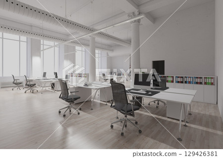 Empty modern office space with multiple white desks and chairs. Clean contemporary business interior for corporate work. 129426381