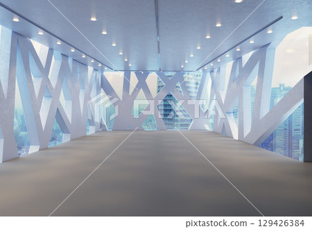 Empty modern minimalist exhibition hall with abstract wall design and large windows overlooking city skyline for architecture display. Empty modern minimalist exhibition hall with abstract wall design and large windows overlooking city skyline for architecture display. 129426384