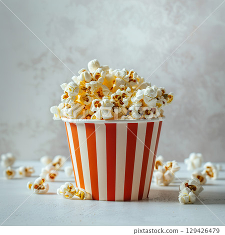 Popcorn in red and white striped bucket on light background in cinematic style 129426479