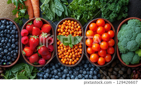Colorful fruits, leafy green vegetables, hearty grains, and fresh fish 129426607