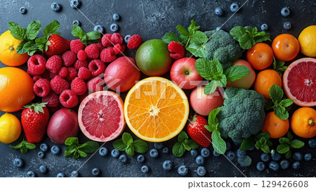 Top view of colorful fresh fruits arranged in circle with empty center on textured stone background 129426608