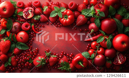 Red fruits and vegetables border composition on red background with copy space in center 129426611
