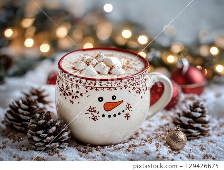 Festive hot chocolate with marshmallows in a snowman mug surrounded by Christmas decorations, pine branches, and red ornaments 129426675