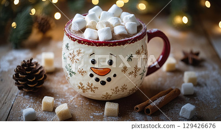 Festive hot chocolate with marshmallows in a snowman mug surrounded by Christmas decorations, pine branches, and red ornaments 129426676