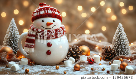 Festive hot chocolate marshmallows in snowman mug surrounded Christmas decorations, pine branches, red ornaments 129426678
