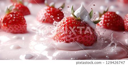 Fresh strawberry splashing into creamy pink yogurt with whipped topping and droplets flying in mid-air in macro shot Fresh strawberry splashing into creamy pink yogurt with whipped topping and droplets flying in mid-air in macro shot 129426747