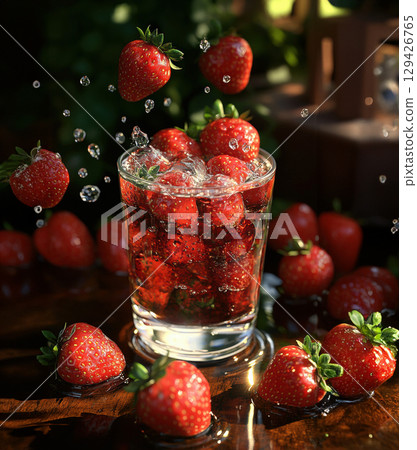Red soda can splashing into water with fresh strawberries flying around in dramatic motion and water droplets 129426765