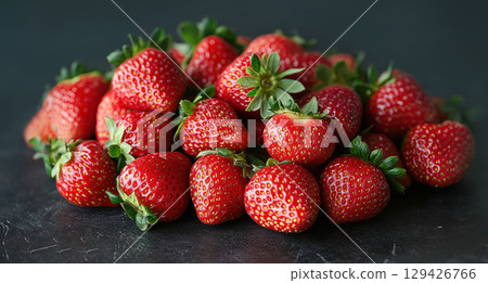 Ripe red strawberries piled in rustic corrugated blue container with vintage texture, captured in natural soft light with concrete background. 129426766
