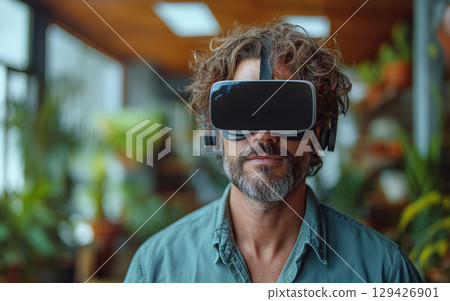 Business portrait corporate man green shirt, open office interactive holographic projections all around. wearing VR headset glasses. Reality using technology work. Concept using modern technology Business portrait corporate man green shirt, open office interactive holographic projections all around. wearing VR headset glasses. Reality using technology work. Concept using modern technology 129426901