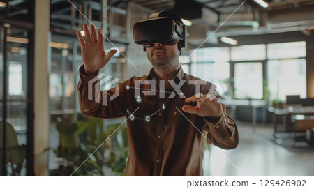 Business portrait corporate man in shirt, open office interactive holographic projections all around. wearing VR headset glasses. Reality using technology work. Concept using modern technology Business portrait corporate man in shirt, open office interactive holographic projections all around. wearing VR headset glasses. Reality using technology work. Concept using modern technology 129426902