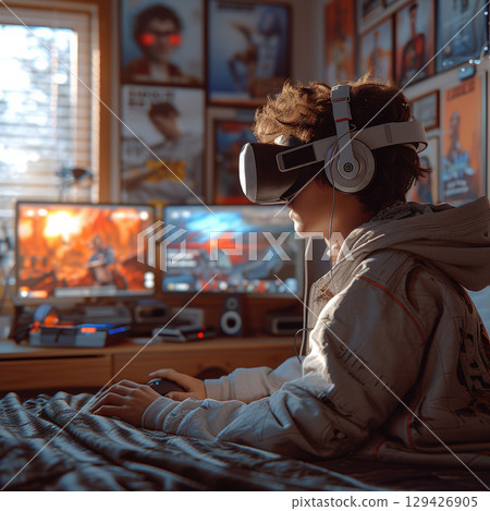Technology, augmented reality, gaming, entertainment and people concept teenager with virtual reality headset or 3D glasses playing video game home 129426905