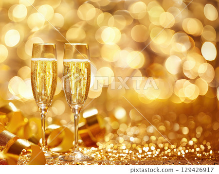 Two glasses champagne drink golden shiny table bubbles, glass splashing festive birthday, New Year Two glasses champagne drink golden shiny table bubbles, glass splashing festive birthday, New Year 129426917