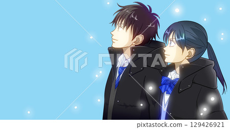 閃閃發光的雪，冬天裡的學生的動漫風格插圖，左側空白 129426921