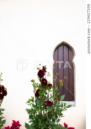 Ornate arched window with vibrant flowers against white wall 129427109