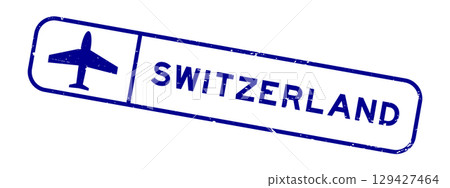 Grunge blue switzerland word with plane icon square rubber seal stamp on white background 129427464