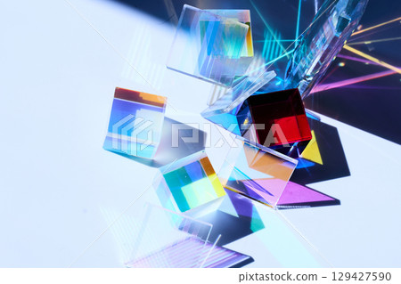 Prismatic Cubes. Colorful glass cubes casting vibrant reflections in a minimalist setting. 129427590