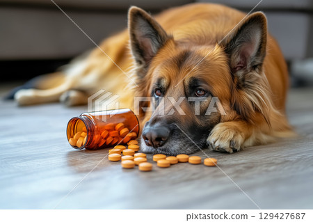 Sad sheepdog dog lying on floor in living room next to scattered tablets and medication bottle, sick pet Sad sheepdog dog lying on floor in living room next to scattered tablets and medication bottle, sick pet 129427687