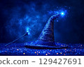 Glittering blue witch hat and magical wand with sparkles, creating enchanting atmosphere in dark mystical setting on dark blue background 129427691