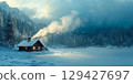 Cozy cabin surrounded by snow-covered forest under cloudy winter sky, background with copy space 129427697
