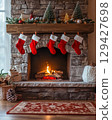 Cozy living room with festive fireplace decorated for the holiday season featuring red stockings for gifts and seasonal decor 129427698