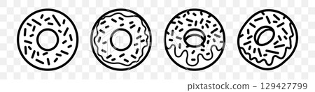 Donut line icons set. Delicious food illustration for design. Vector isolated on white background. Donut line icons set. Delicious food illustration for design. Vector isolated on white background. 129427799