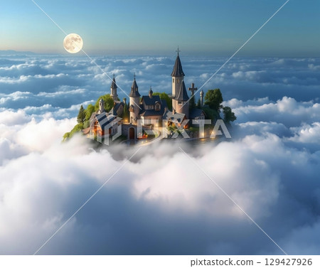 Ethereal Castle Floating Amidst Dreamy Cloudscape Majesty 129427926