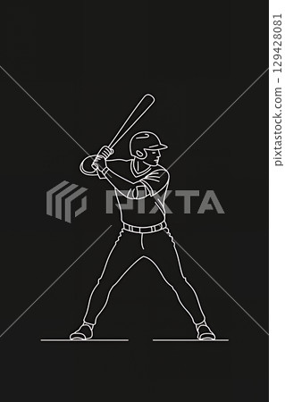 Silhouette of a baseball athlete line drawing on black background. Clean line art style minimalist illustration. 129428081