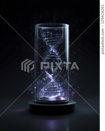 Futuristic holographic display shows DNA strands and glowing double helix inside transparent cylindrical container, creating high tech and scientific visual effect 129428261