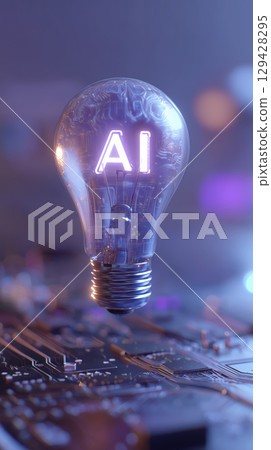 Light bulb with glowing AI letters inside futuristic technology concept illuminated glass bulb digital innovation artificial intelligence glowing light circuit board background modern electronics 129428295
