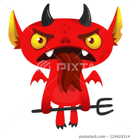 Cartoon funny red devil character design holding fork trident with long tail. Halloween vector illustration isolated 129428314