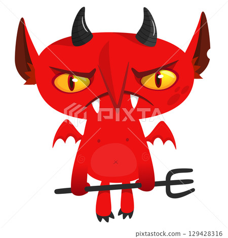 Cartoon funny red devil character design holding fork trident with long tail. Halloween vector illustration isolated 129428316