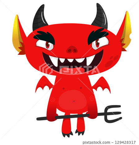 Cartoon funny red devil character design holding fork trident with long tail. Halloween vector illustration isolated 129428317