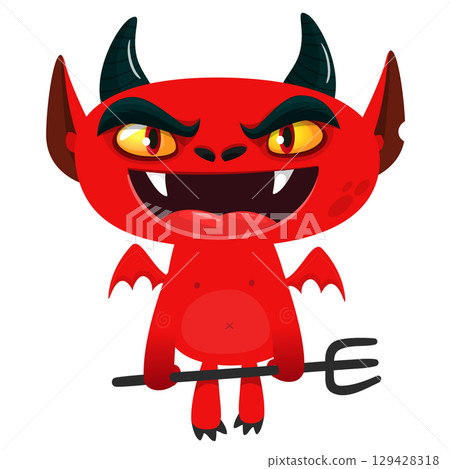 Cartoon funny red devil character design holding fork trident with long tail. Halloween vector illustration isolated 129428318