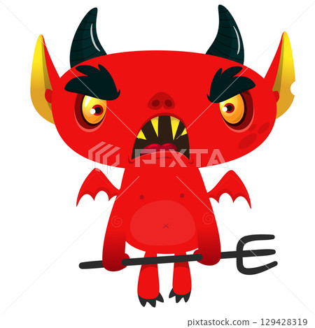 Cartoon funny red devil character design holding fork trident with long tail. Halloween vector illustration isolated 129428319