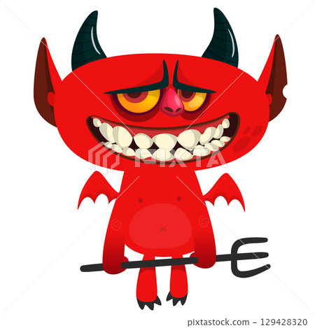 Cartoon funny red devil character design holding fork trident with long tail. Halloween vector illustration isolated 129428320