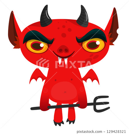 Cartoon funny red devil character design holding fork trident with long tail. Halloween vector illustration isolated 129428321