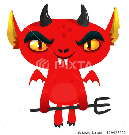 Cartoon funny red devil character design holding fork trident with long tail. Halloween vector illustration isolated 129428322