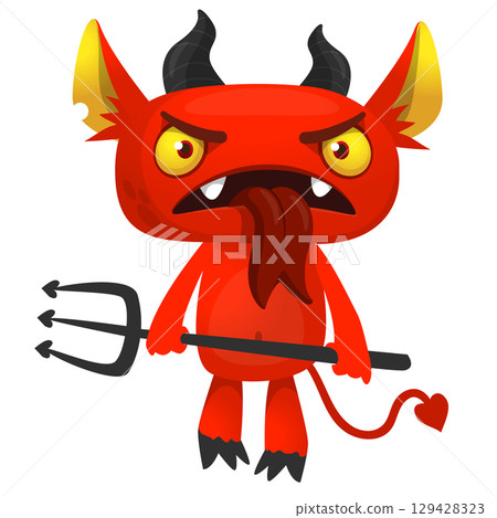 Cartoon funny red devil character design holding fork trident with long tail. Halloween vector illustration isolated 129428323