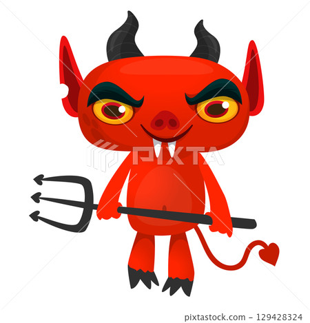 Cartoon funny red devil character design holding fork trident with long tail. Halloween vector illustration isolated 129428324