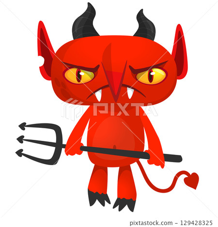 Cartoon funny red devil character design holding fork trident with long tail. Halloween vector illustration isolated 129428325