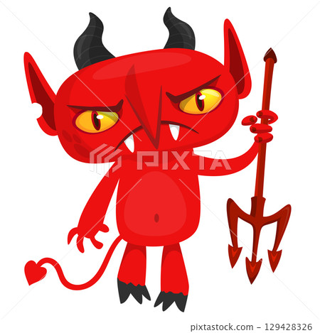 Cartoon funny red devil character design holding fork trident with long tail. Halloween vector illustration isolated 129428326