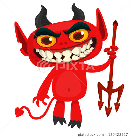 Cartoon funny red devil character design holding fork trident with long tail. Halloween vector illustration isolated 129428327