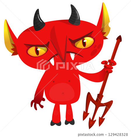 Cartoon funny red devil character design holding fork trident with long tail. Halloween vector illustration isolated 129428328