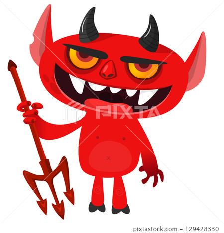 Cartoon funny red devil character design holding fork trident with long tail. Halloween vector illustration isolated 129428330