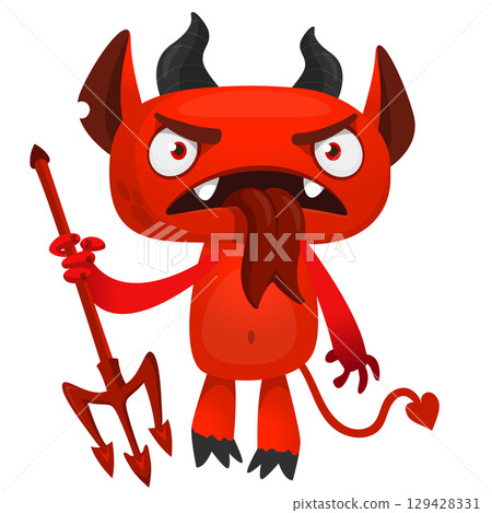 Cartoon funny red devil character design holding fork trident with long tail. Halloween vector illustration isolated 129428331