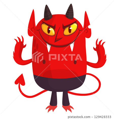 Cartoon funny red devil character design holding fork trident with long tail. Halloween vector illustration isolated 129428333