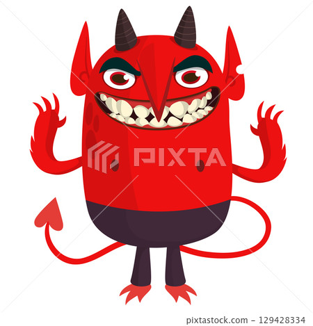 Cartoon funny red devil character design holding fork trident with long tail. Halloween vector illustration isolated 129428334
