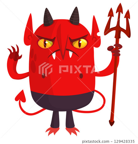 Cartoon funny red devil character design holding fork trident with long tail. Halloween vector illustration isolated 129428335